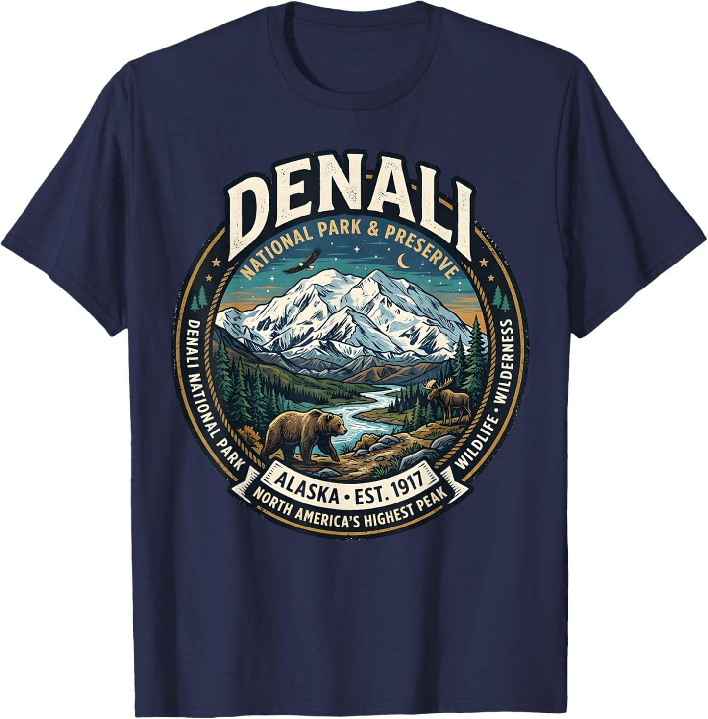 Denali National Park Alaska Mountain Wildlife Vintage Badge T-Shirt - T-Shirt | Navy