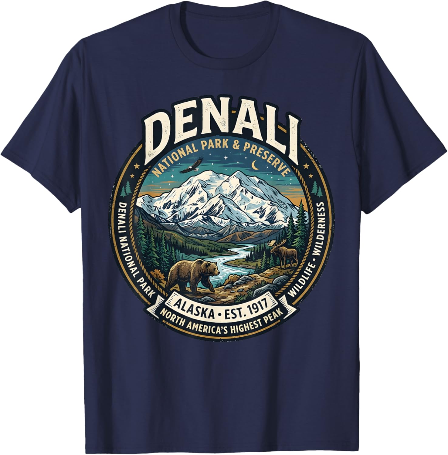 Denali National Park Alaska Mountain Wildlife Vintage Badge T-Shirt - T-Shirt | Navy