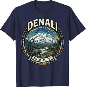 Denali National Park Alaska Mountain Wildlife Vintage Badge T-Shirt - T-Shirt | Navy