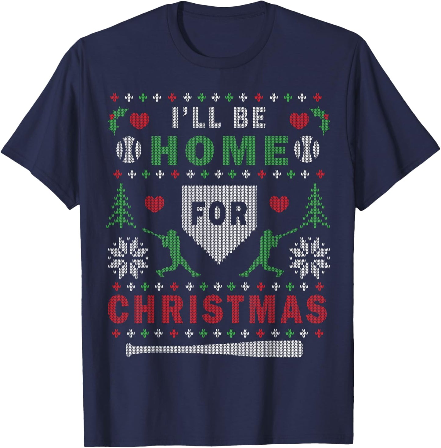 I'll Be Home for Christmas Baseball Ugly Christmas T-Shirt - T-Shirt | Navy