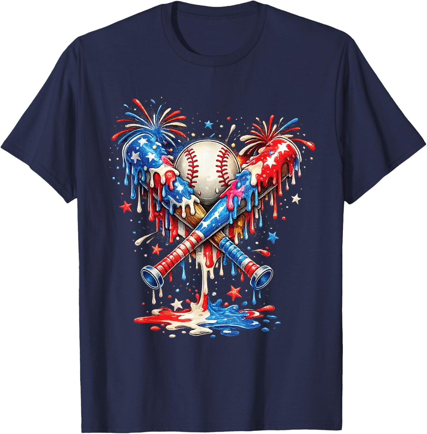 Baseball Drip Ice Cream Patriot American Flag 4th of July T-Shirt - T-Shirt | Navy