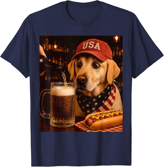 Vintage Yellow Labrador Retriever Drinking Beer 4th of July T-Shirt - T-Shirt | Navy