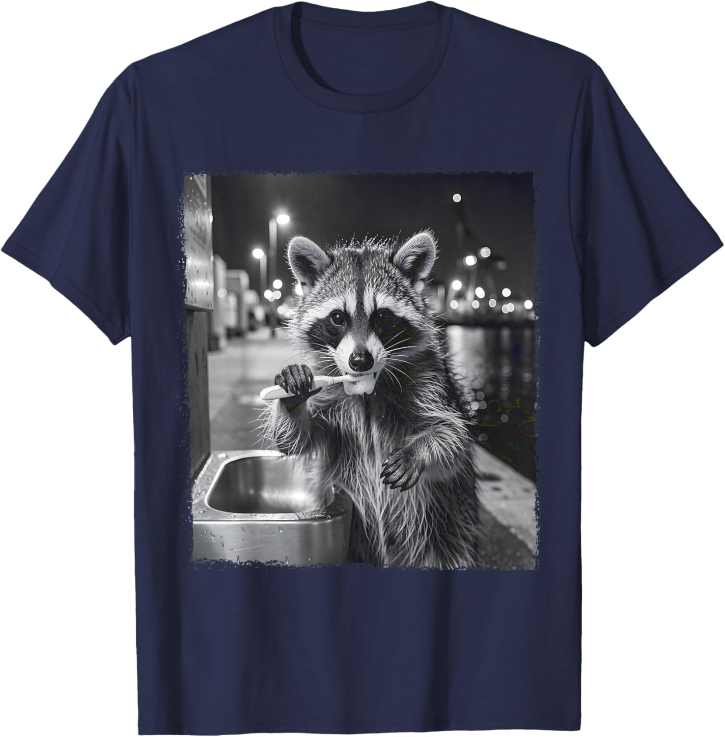 Funny Raccoon Brushing Night Urban Meme Design T-Shirt - T-Shirt | Navy