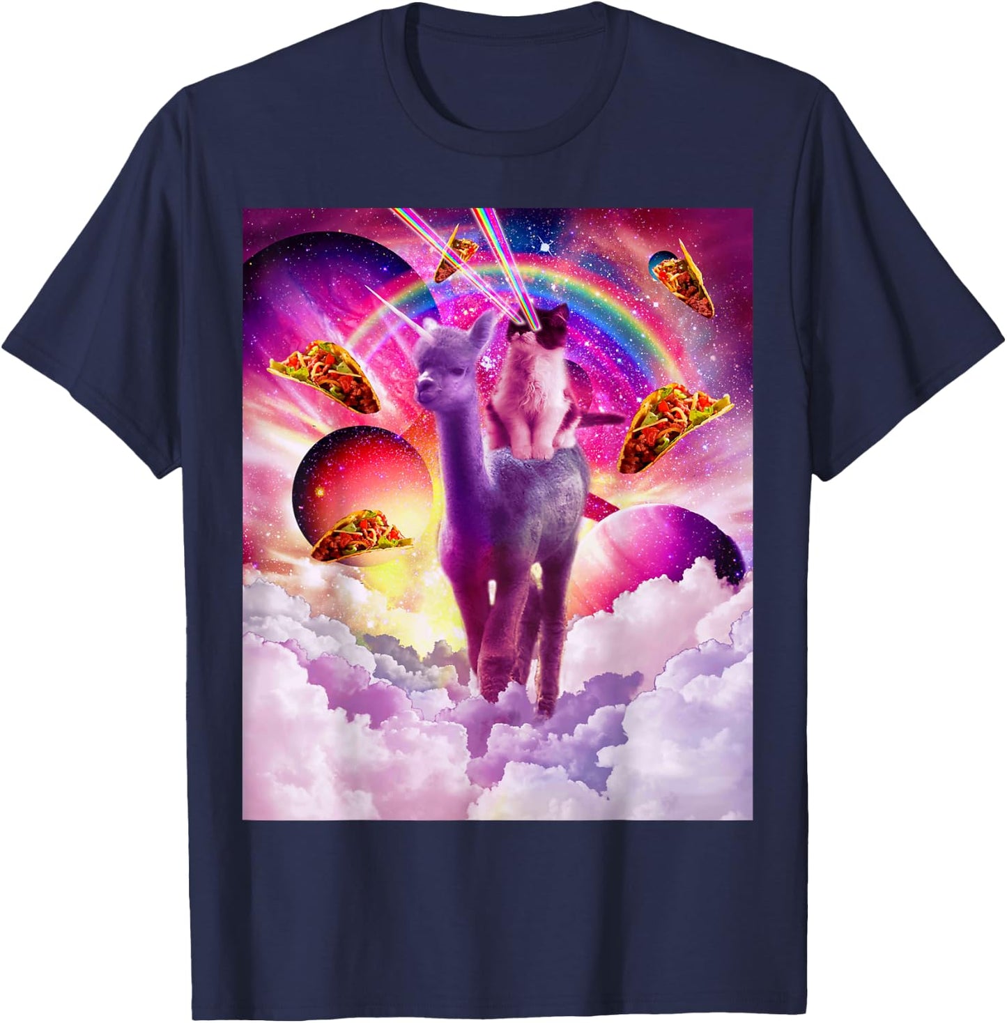 Cosmic Cat Riding Alpaca Unicorn T-Shirt - T-Shirt | Navy