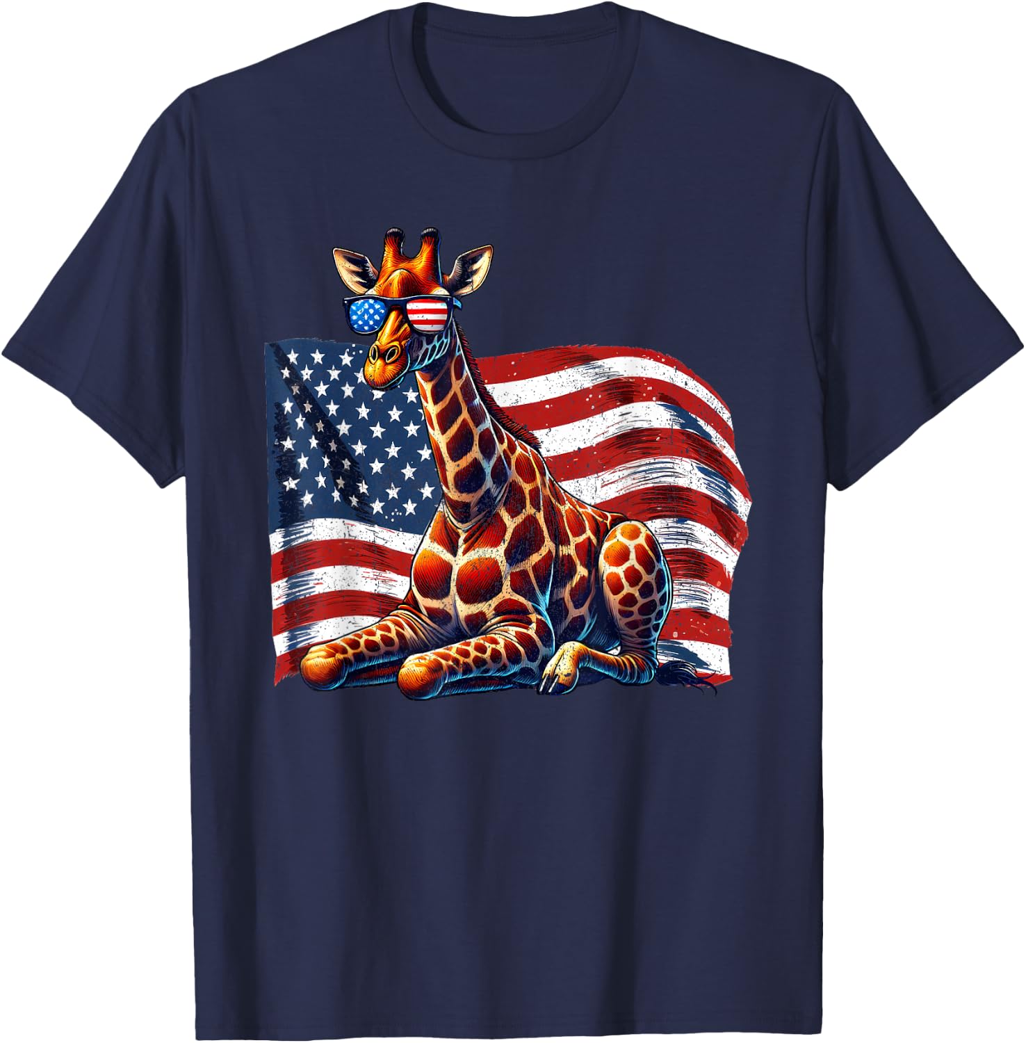 Vintage Giraffe USA Flag Animals Lovers Patriotic Sunglasses T-Shirt - T-Shirt | Navy