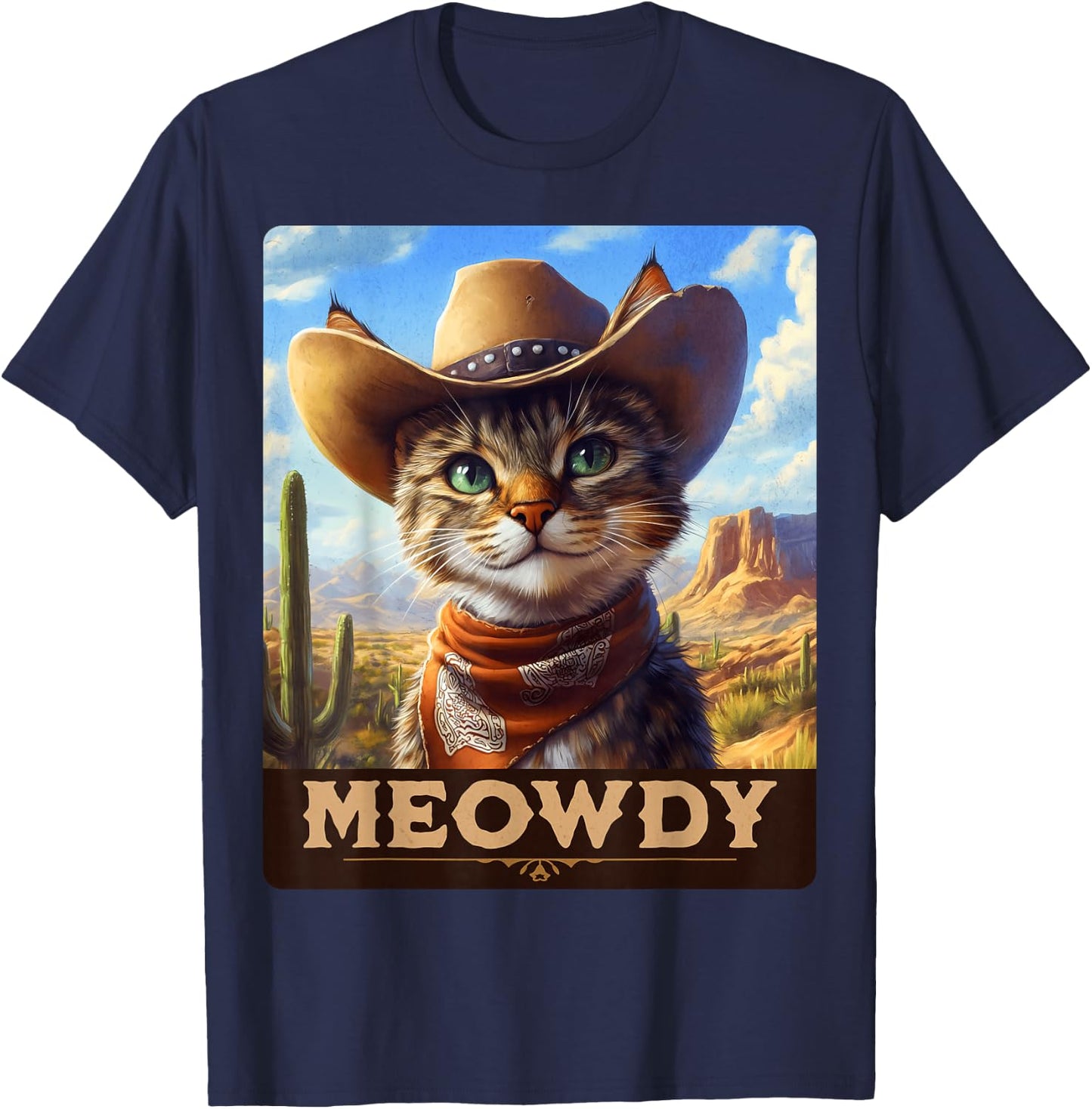 Meowdy, Cowboy: A Furry Friend in the Wild West, Cat - Black, Small, Short Sleeve, Classic Fit, -Adults/Kids, Cat Lovers, Country Enthusiasts, Humor Appreciators T-Shirt - T-Shirt | Navy