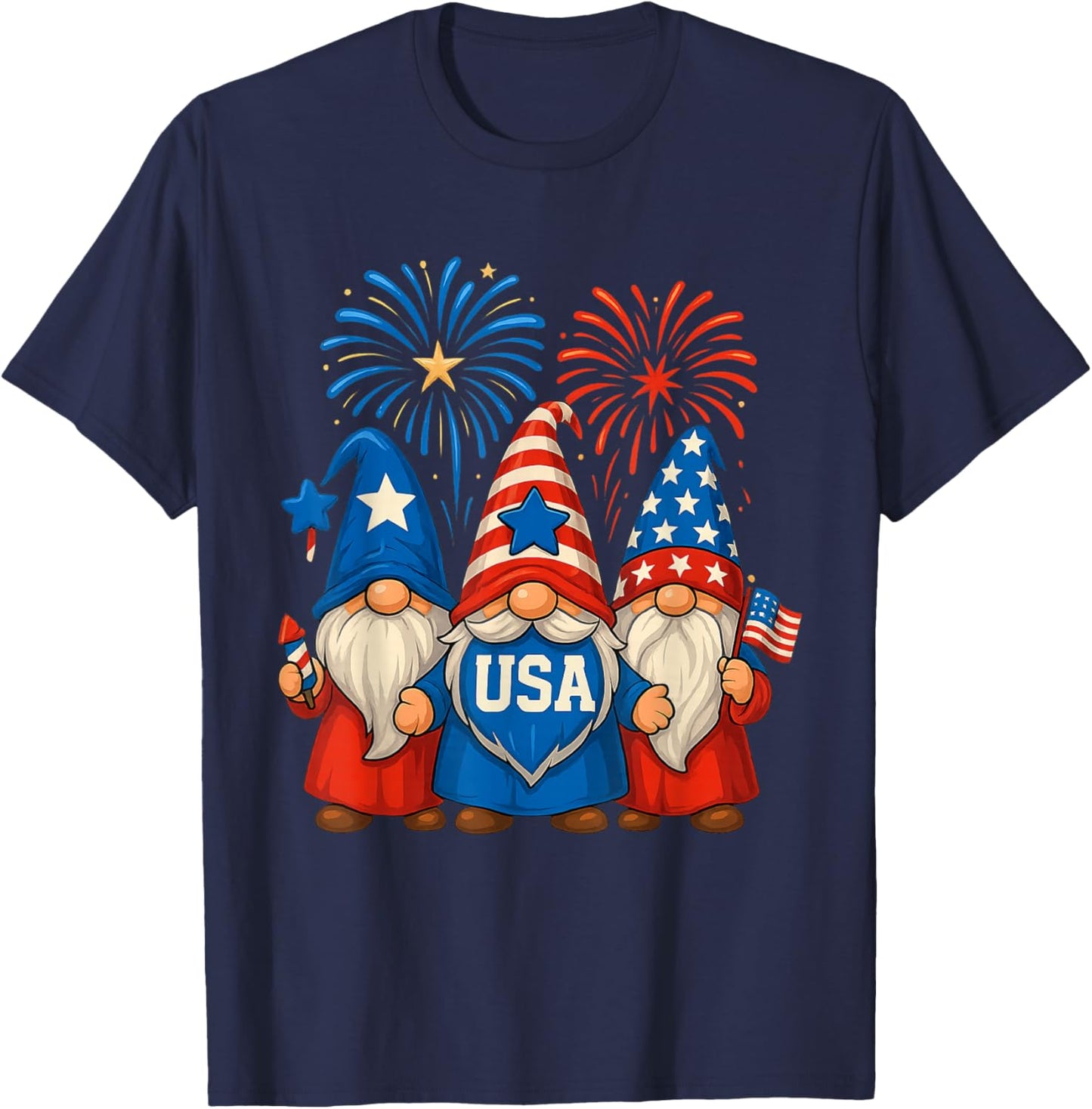 4th of July Three Gnomes Celebrating USA Independence Day T-Shirt - T-Shirt | Navy
