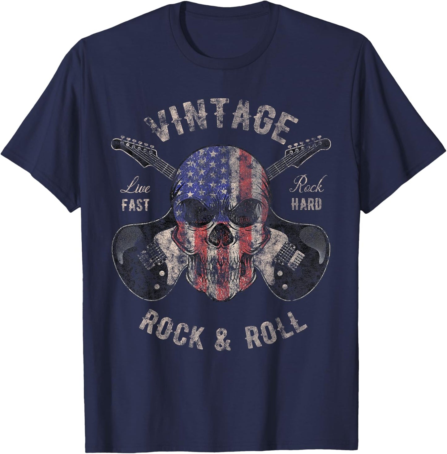 American Flag Guitar Vintage Rock and Roll Skull Guitarist T-Shirt - T-Shirt | Navy