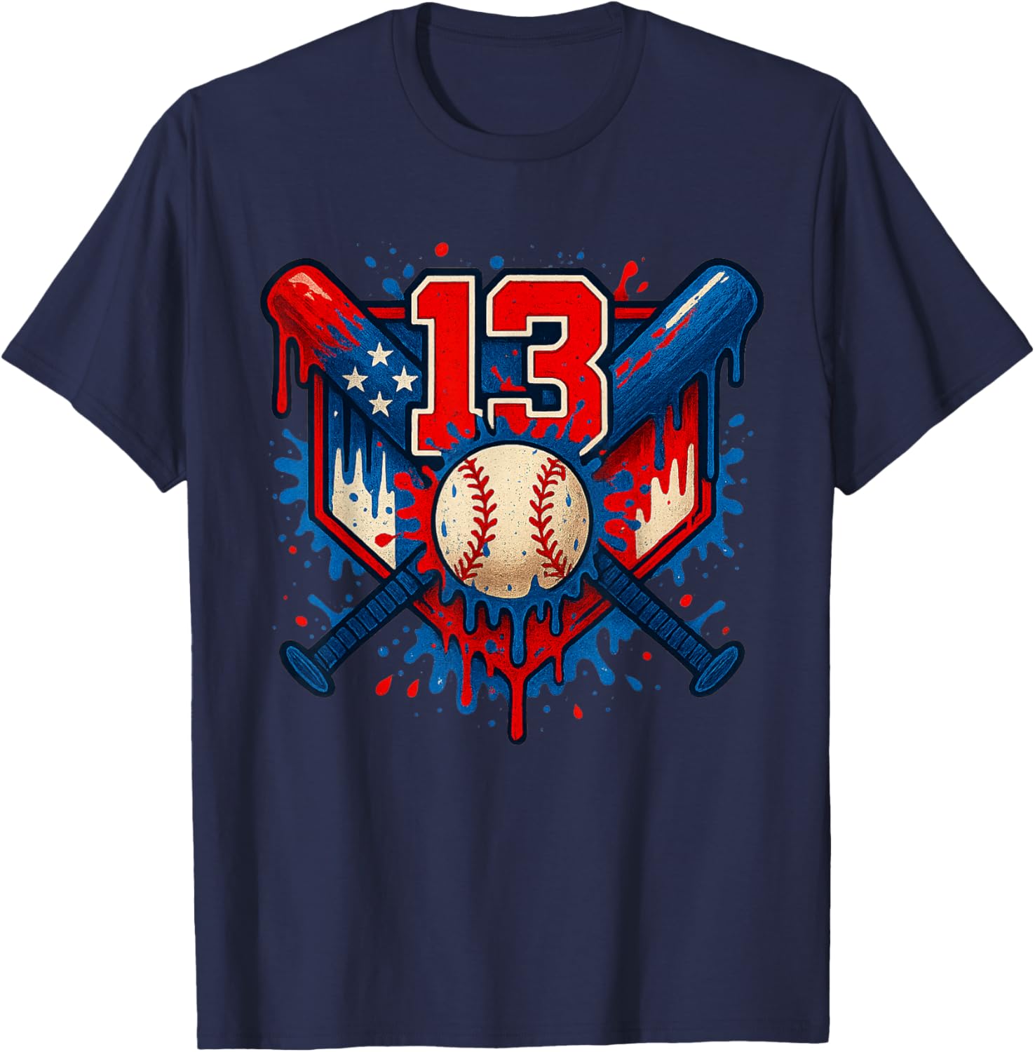 Baseball 13 Year Old Splash Drip 13th Birthday Boy Number 13 T-Shirt - T-Shirt | Navy