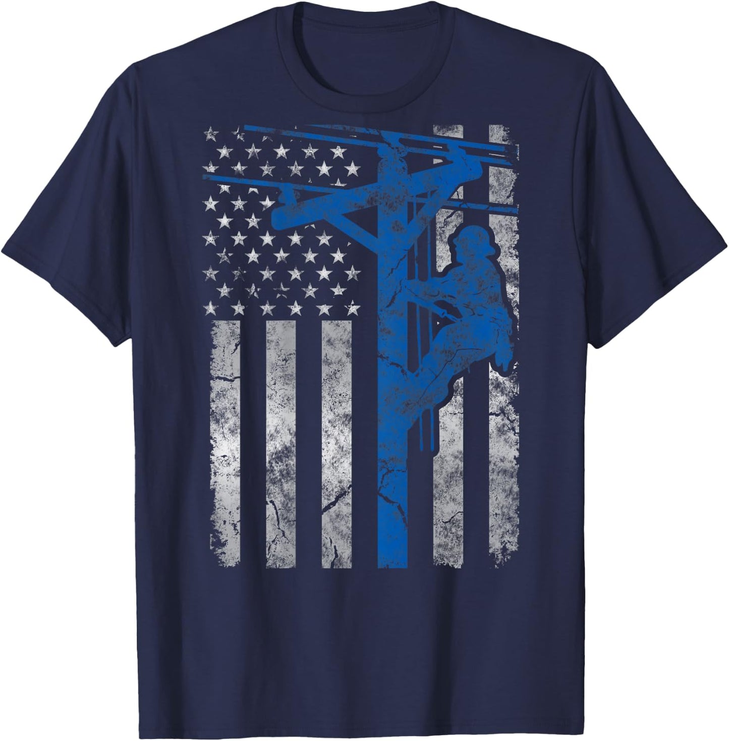 Distressed Patriotic Thin Blue Line Lineman American Flag T-Shirt - T-Shirt | Navy