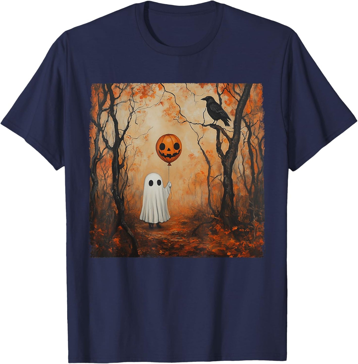 Vintage Ghost Pumpkin Gothic Halloween Ghost Spooky Season T-Shirt - T-Shirt | Navy