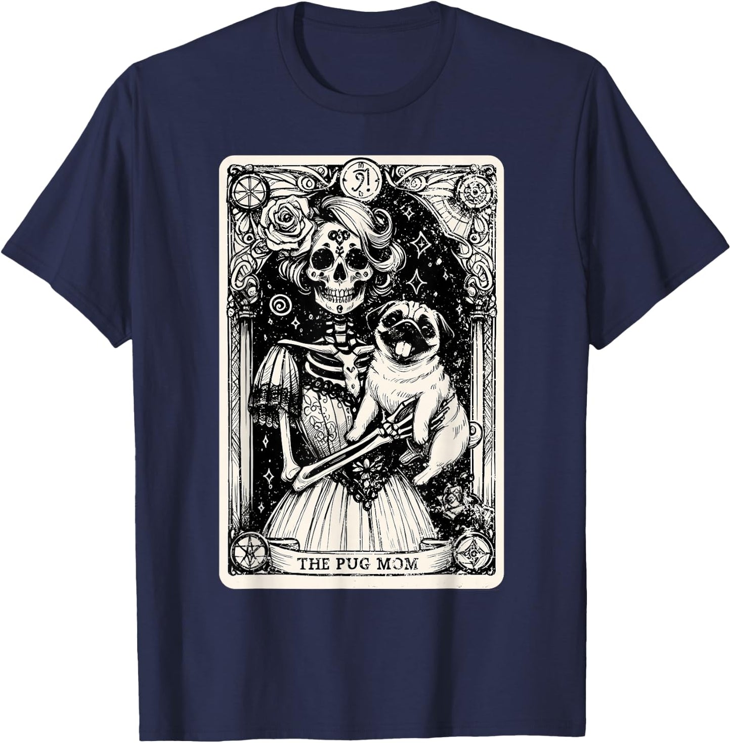 Vintage Skeleton Pug Mom Tarot Card Witchy Vibes Pug Lover T-Shirt - T-Shirt | Navy