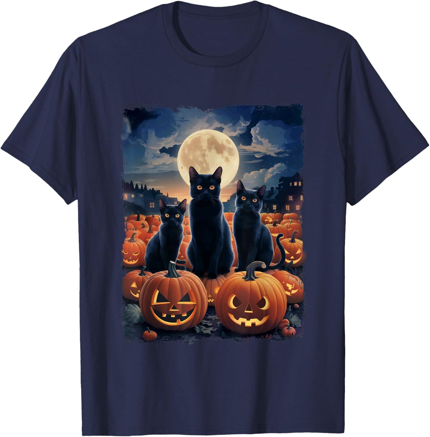 3 Black Cats Men & Cat Lovers Starry Night Halloween T-Shirt - T-Shirt | Navy