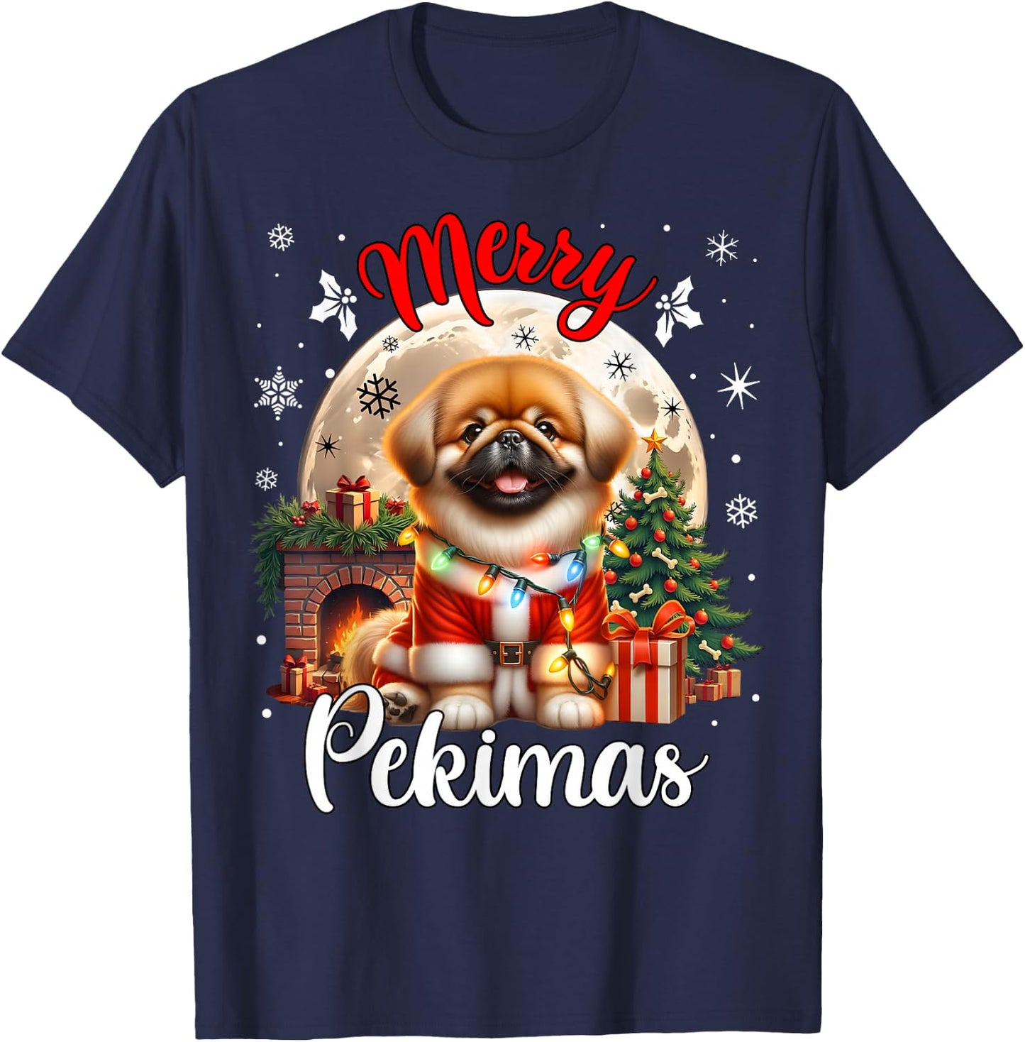 Merry Christmas Pekingese & Women -Adults Black Small Cartoon Humor Modern Round Collar Straight Short Sleeve T-Shirt - T-Shirt | Navy
