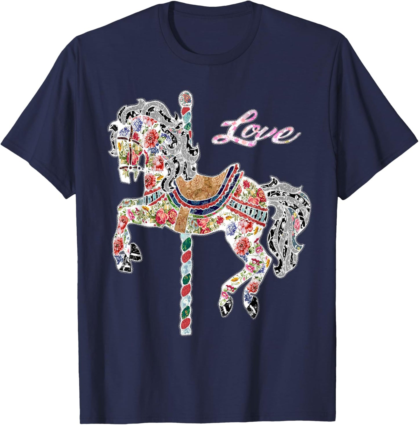 Carousel horse vintage illustration quilting style shirt. T-Shirt - T-Shirt | Navy