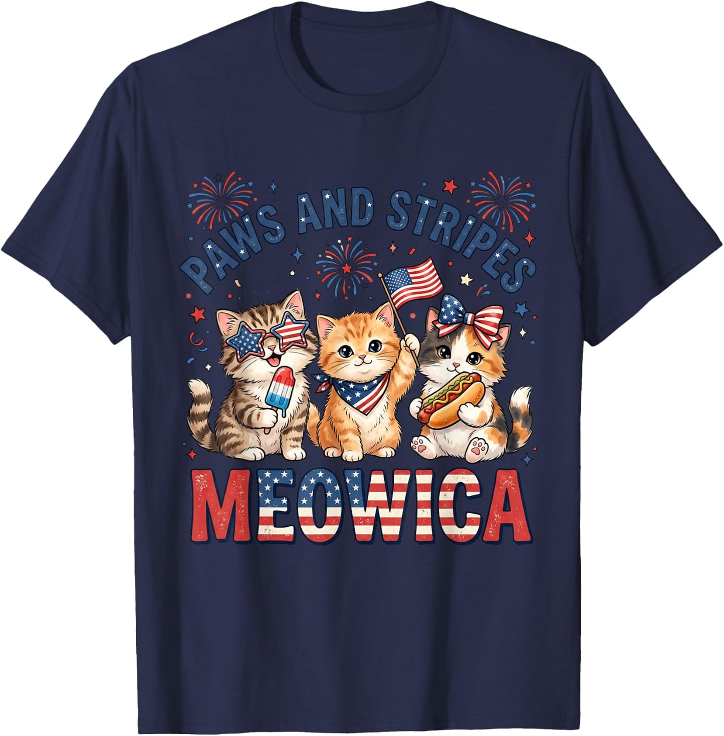 Paws and Stripes Meowica Patriotic Cat 4th of July Kitten T-Shirt - T-Shirt | Navy