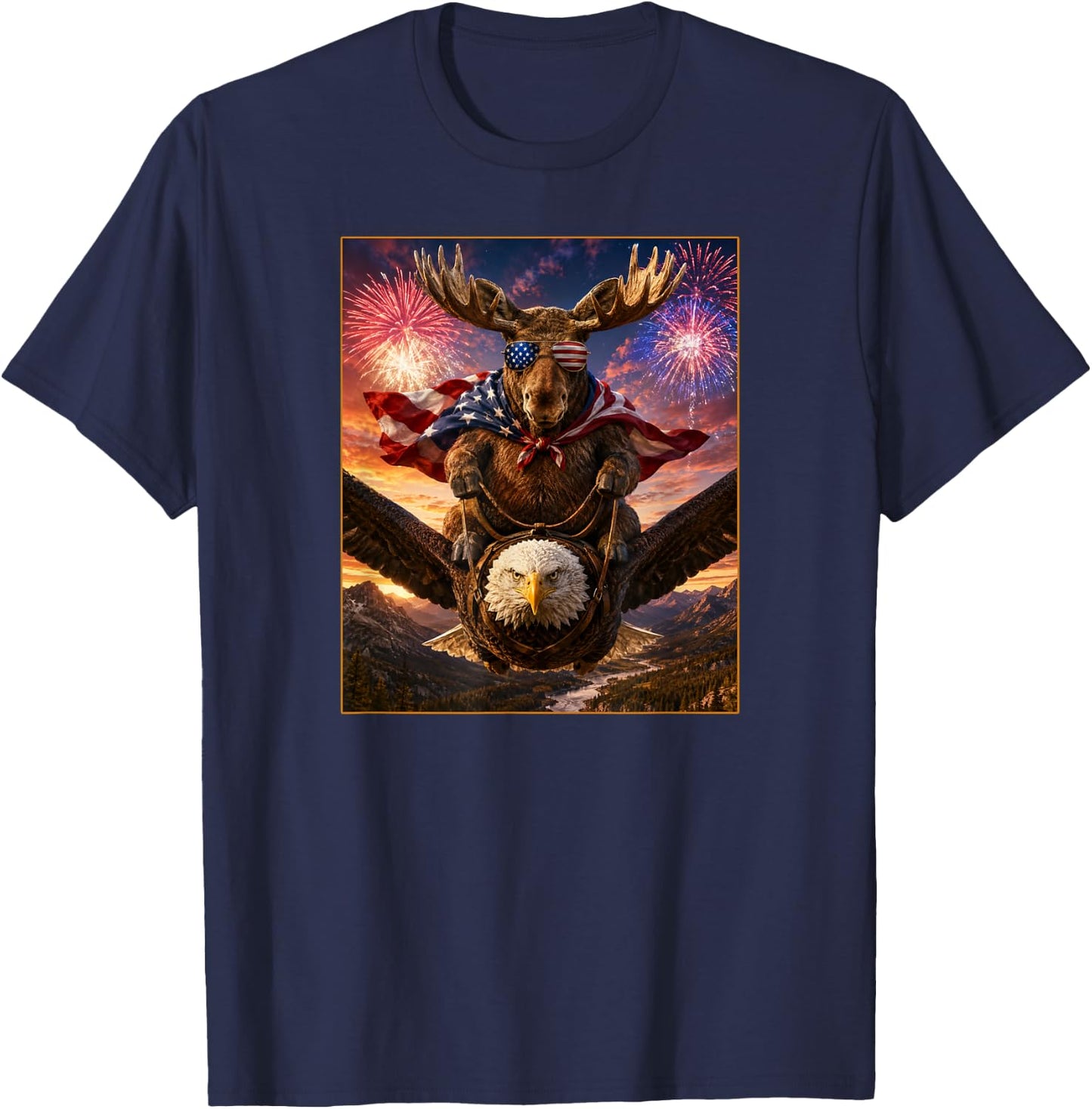 Moose on Bald Eagle American Flag Glasses USA T-Shirt - T-Shirt | Navy