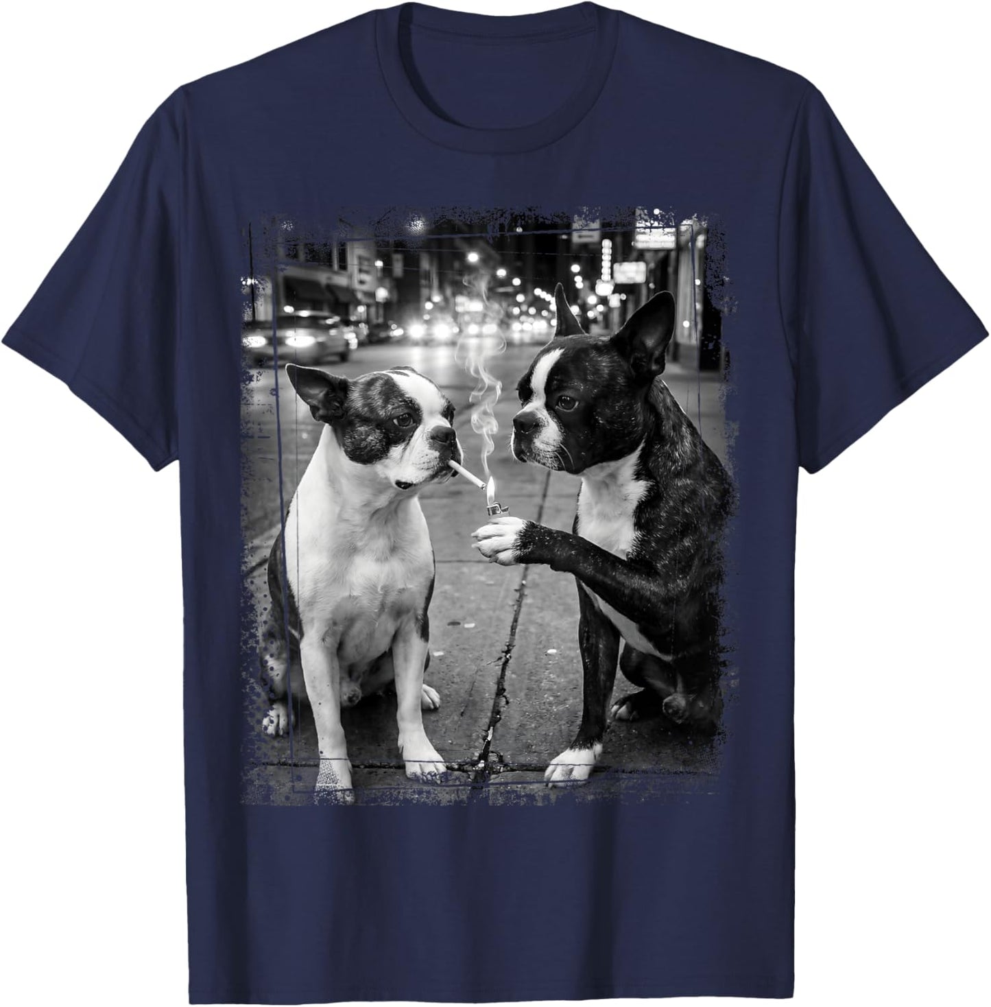 Boston Terrier Smoking Dog Edgy Street Art T-Shirt - T-Shirt | Navy