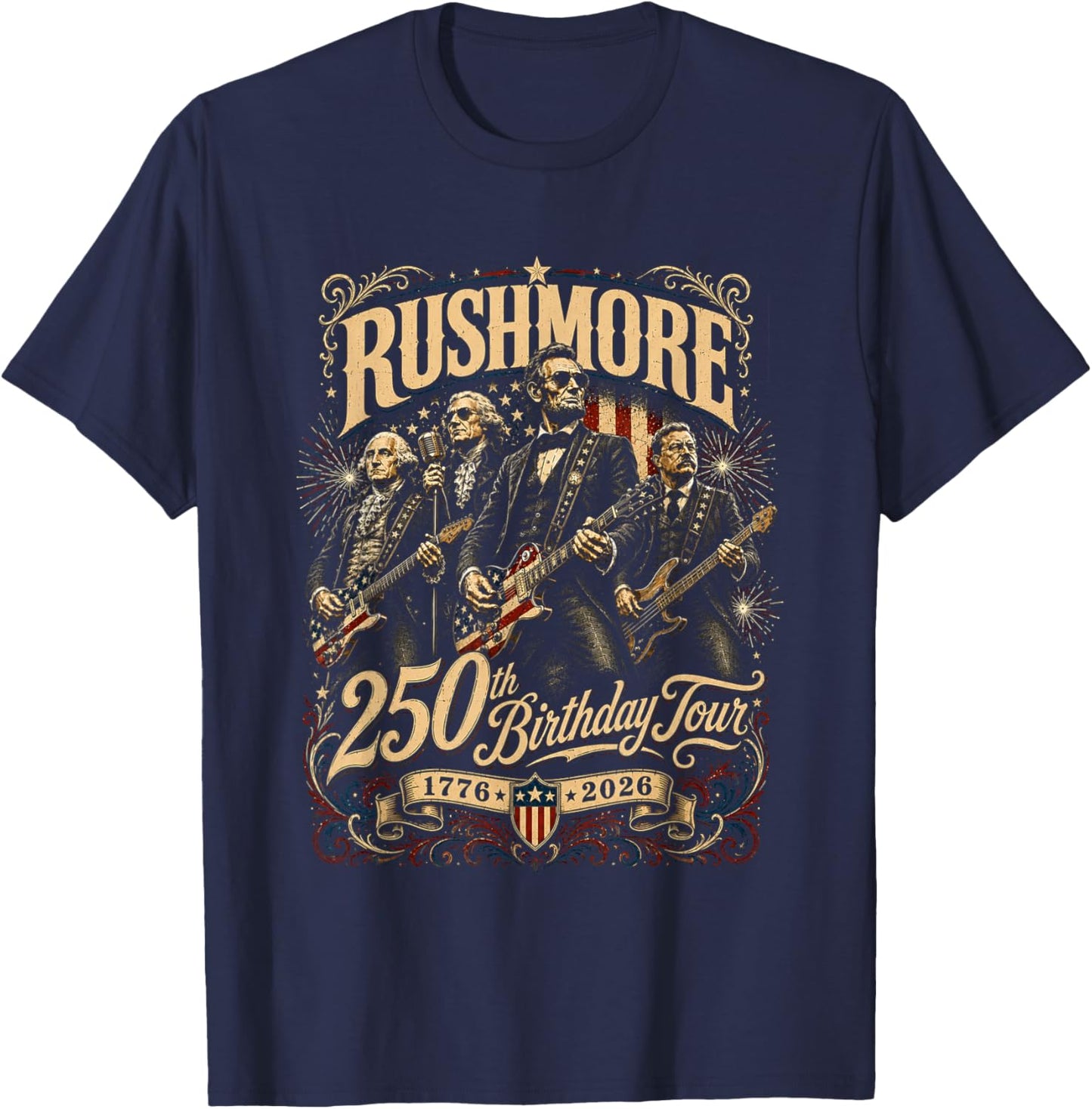 Funny Mount Rushmore 250th Birthday Tour Rockstar Graphic T-Shirt - T-Shirt | Navy