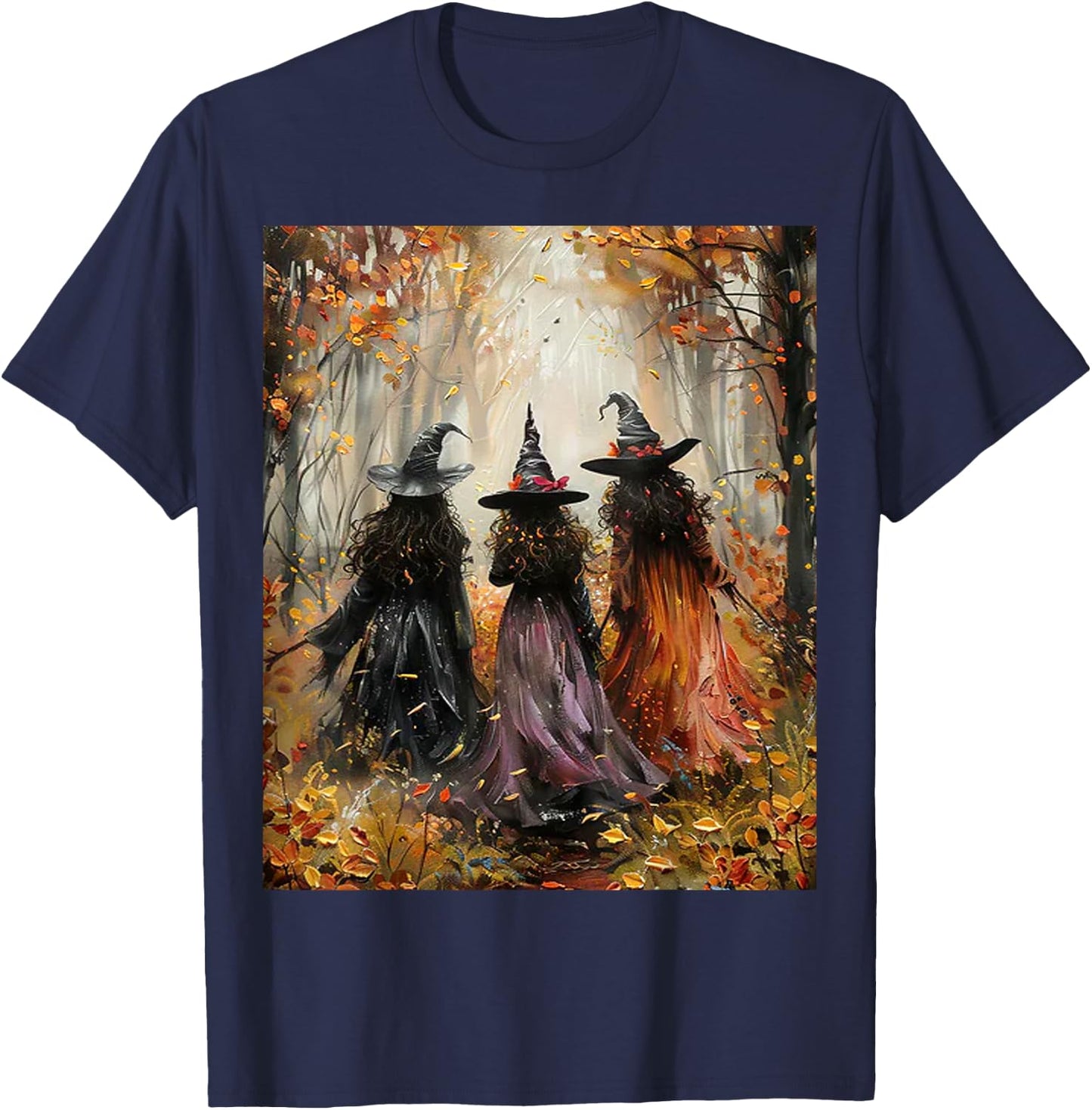 Autumn Three Witches Leaves Painting Art T-Shirt - T-Shirt | Navy