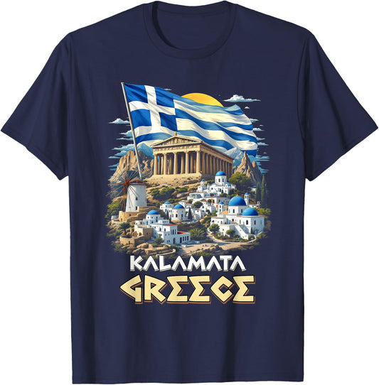 Kalamata Greece Flag Kalamata Souvenir Travel Vacation T-Shirt - T-Shirt | Navy
