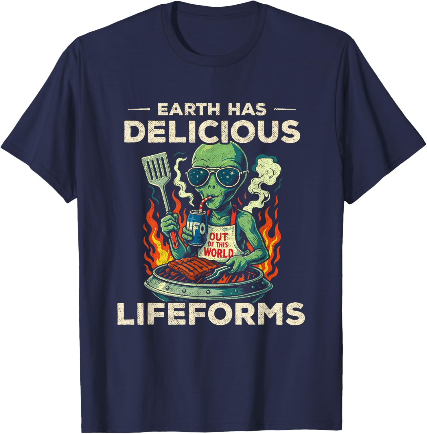 Funny Grilling UFO Spaceship BBQ Earth Lifeforms Funny Alien T-Shirt - T-Shirt | Navy