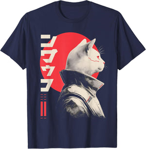 Japanese Techwear Futuristic Cyberpunk Cat Techno Rave T-Shirt - T-Shirt | Navy