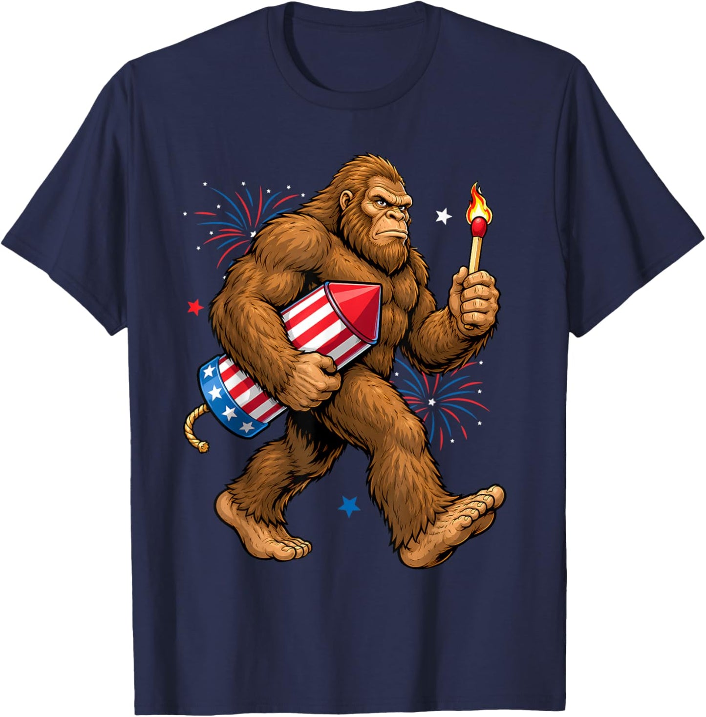 Funny Bigfoot Sasquatch American Flag Fireworks 4th of July T-Shirt - T-Shirt | Navy