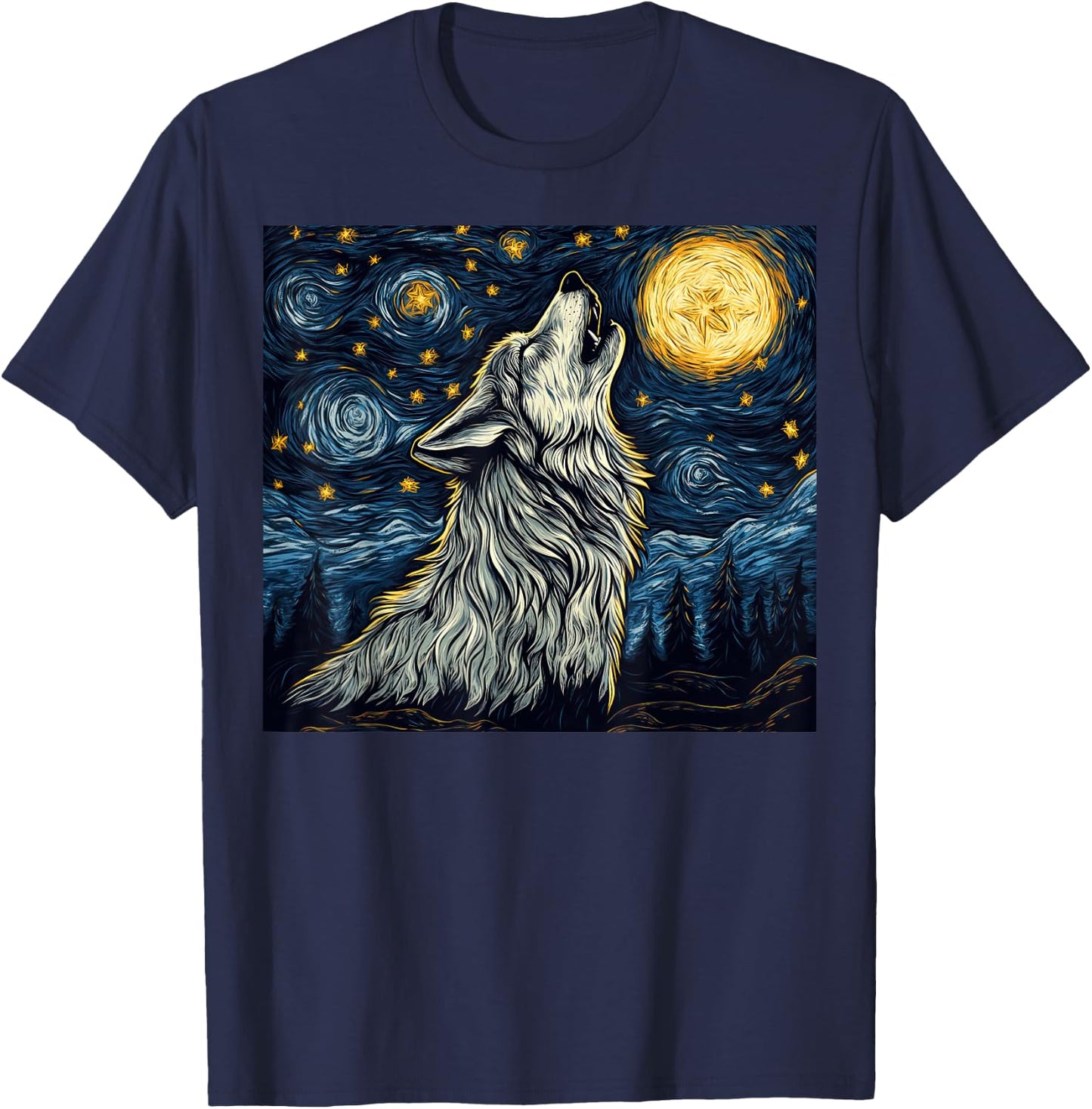 Wolf Starry Night Howling Moon Funny Van Gogh Graphic T-Shirt - T-Shirt | Navy
