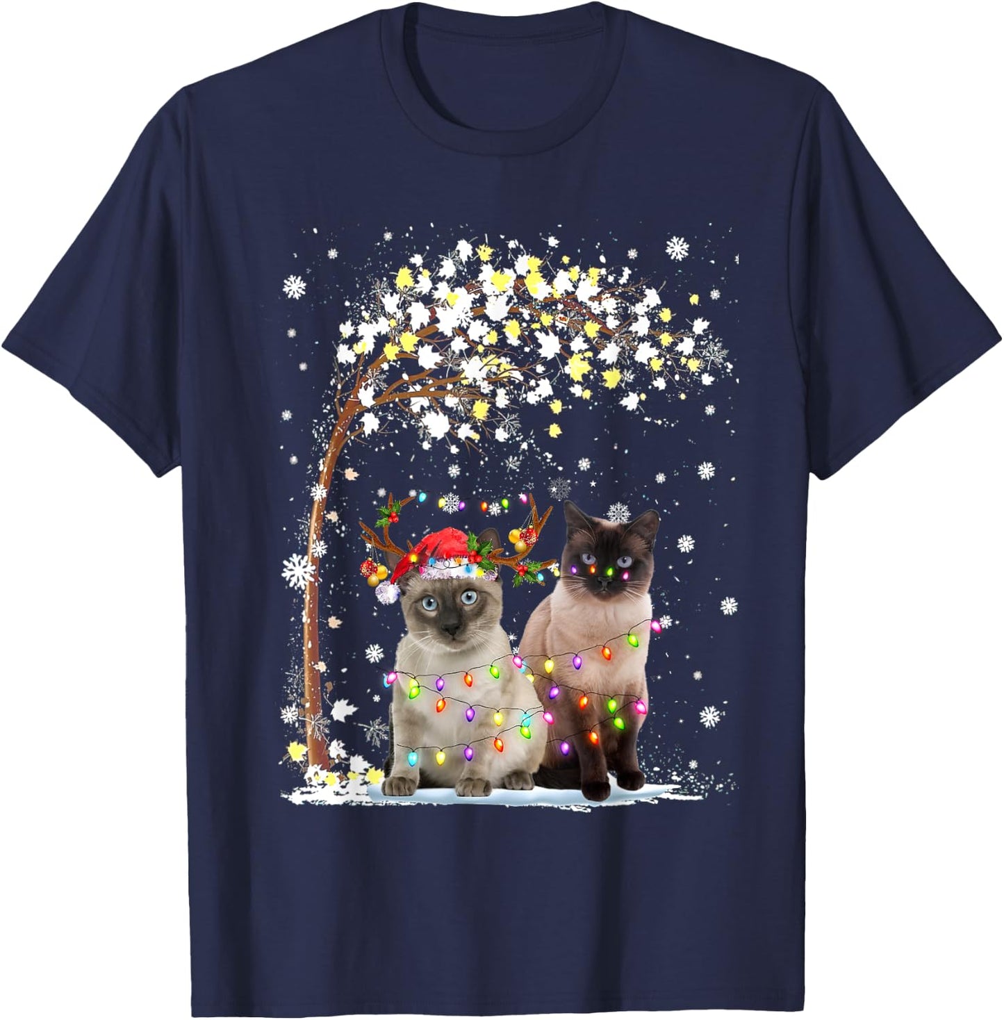 Siamese Cat Reindeer Hat Santa Christmas Tree Funny Xmas Men Women T-Shirt - T-Shirt | Navy
