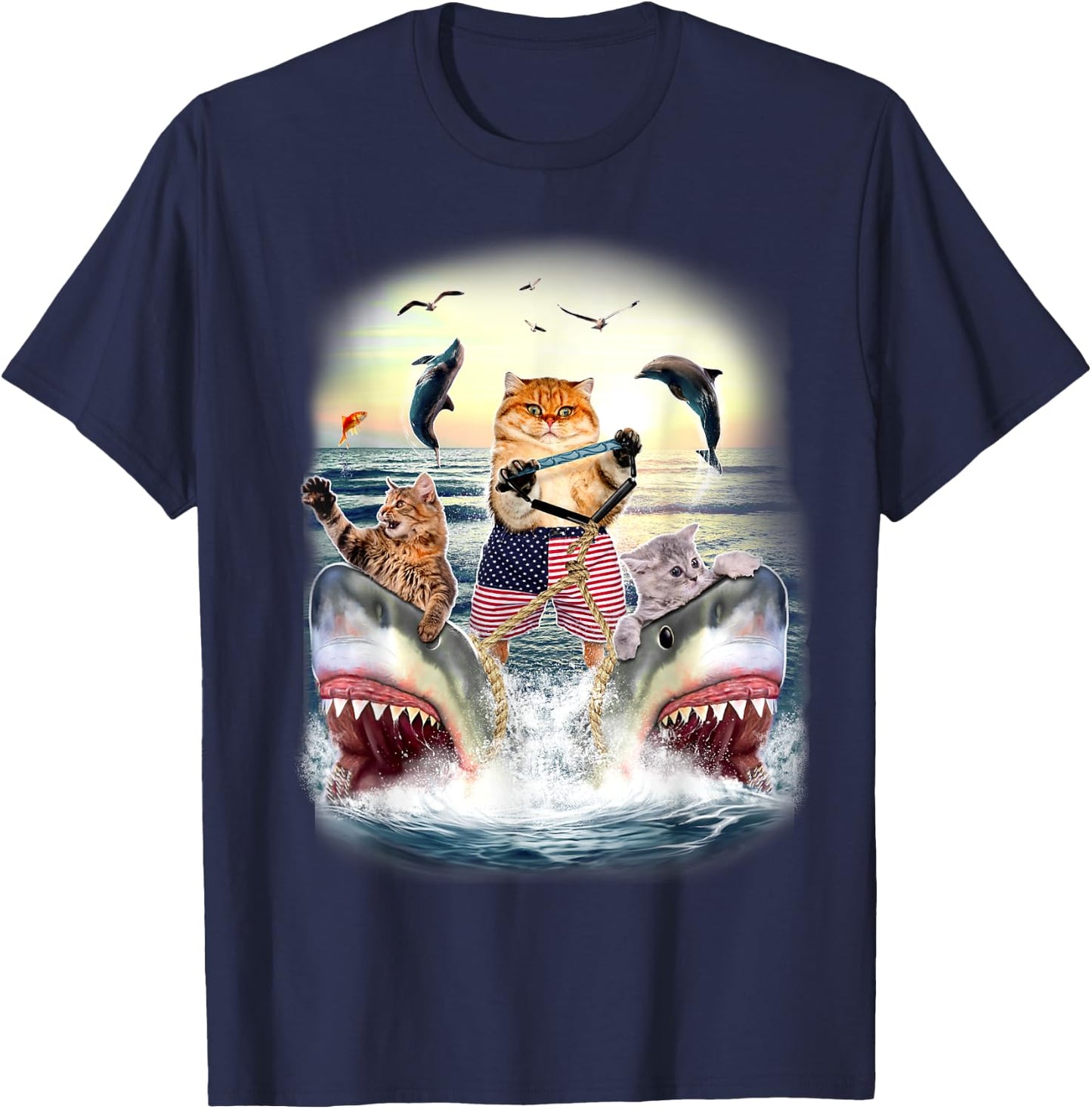 Cat Waterski With Sharks Sunset T-Shirt - T-Shirt | Navy