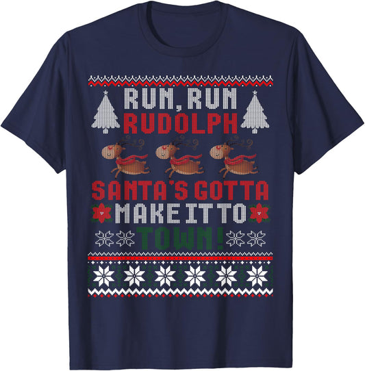 Run Run Rudolph Santa's Reindeer Christmas Ugly Sweater T-Shirt - T-Shirt | Navy