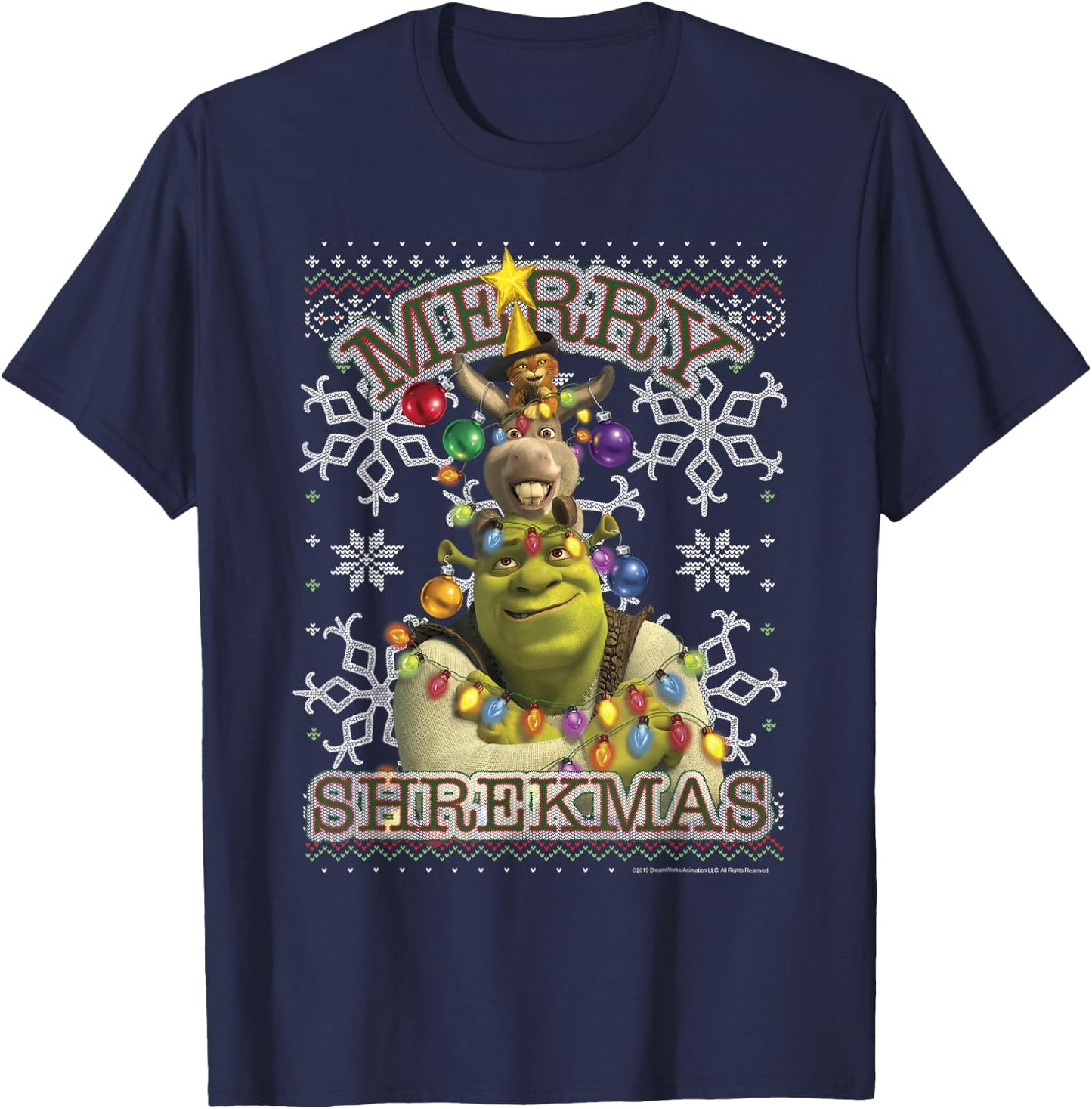 Shrek Donkey & Puss Merry Shrekmas Holiday Text Poster T-Shirt - T-Shirt | Navy