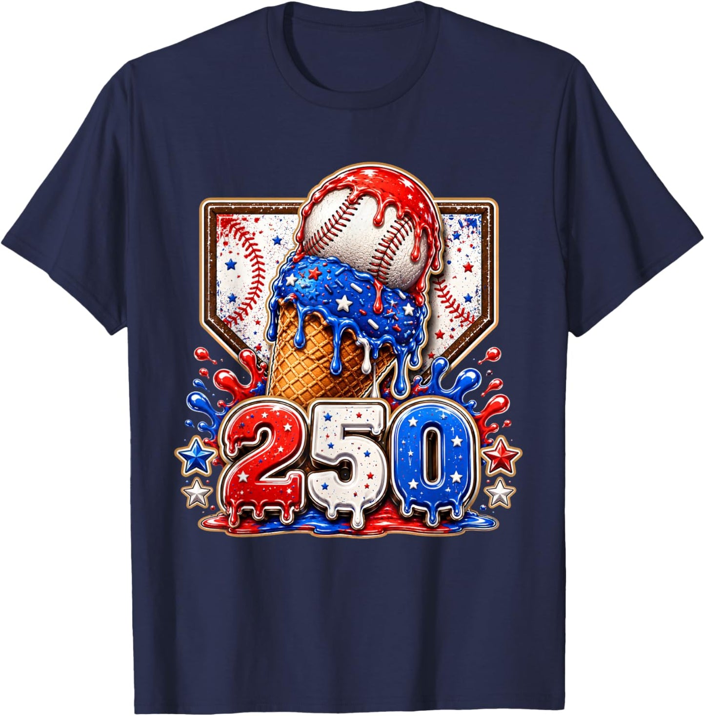 America 250 Years Baseball Boys Ice Cream Funny Drip T-Shirt - T-Shirt | Navy