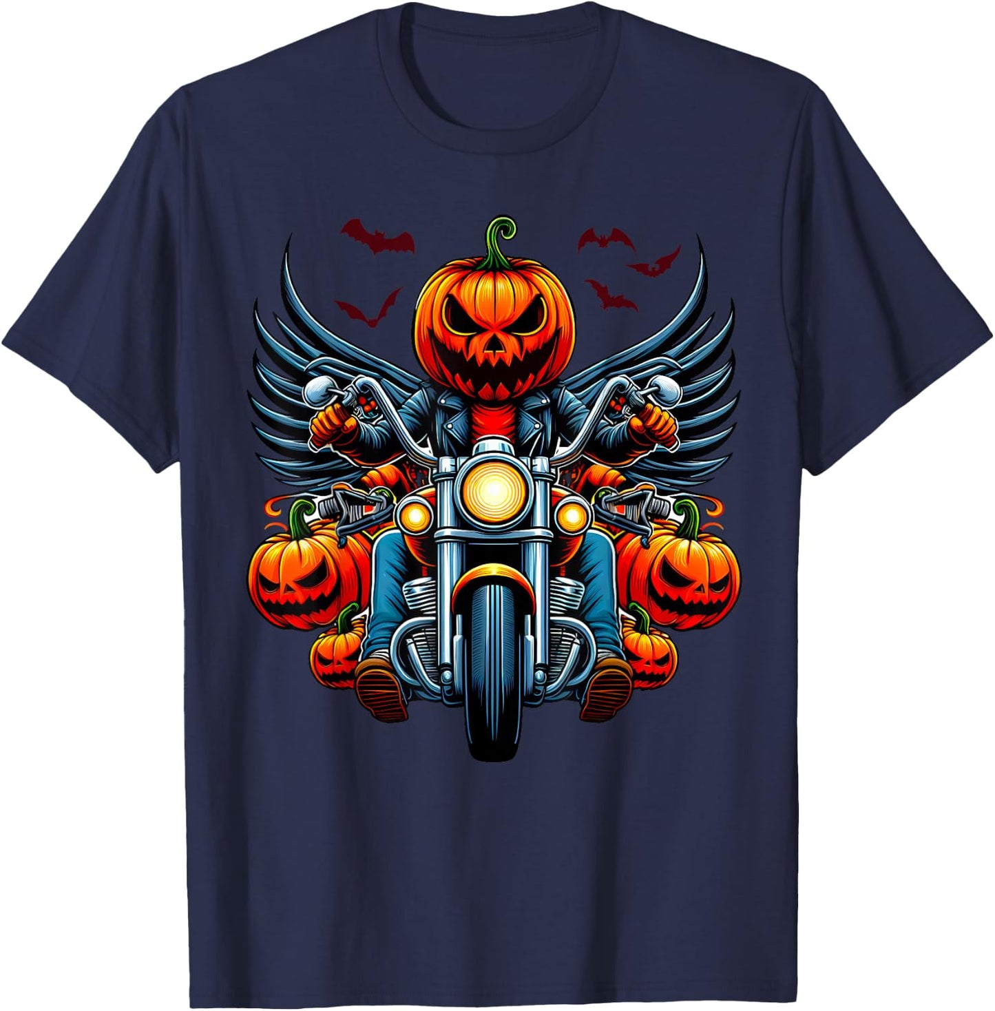 Pumpkin Rider Jack-o'-lantern Motorcycle Biker Halloween T-Shirt - T-Shirt | Navy