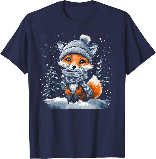 Fox Wearing Winter Hat & Scarf Snowy Christmas Scene T-Shirt - T-Shirt | Navy