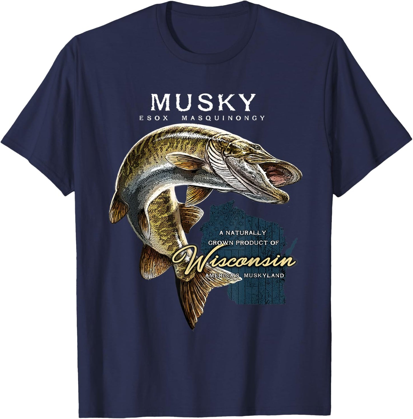 Musky Fishing Wisconsin T-Shirt - T-Shirt | Navy