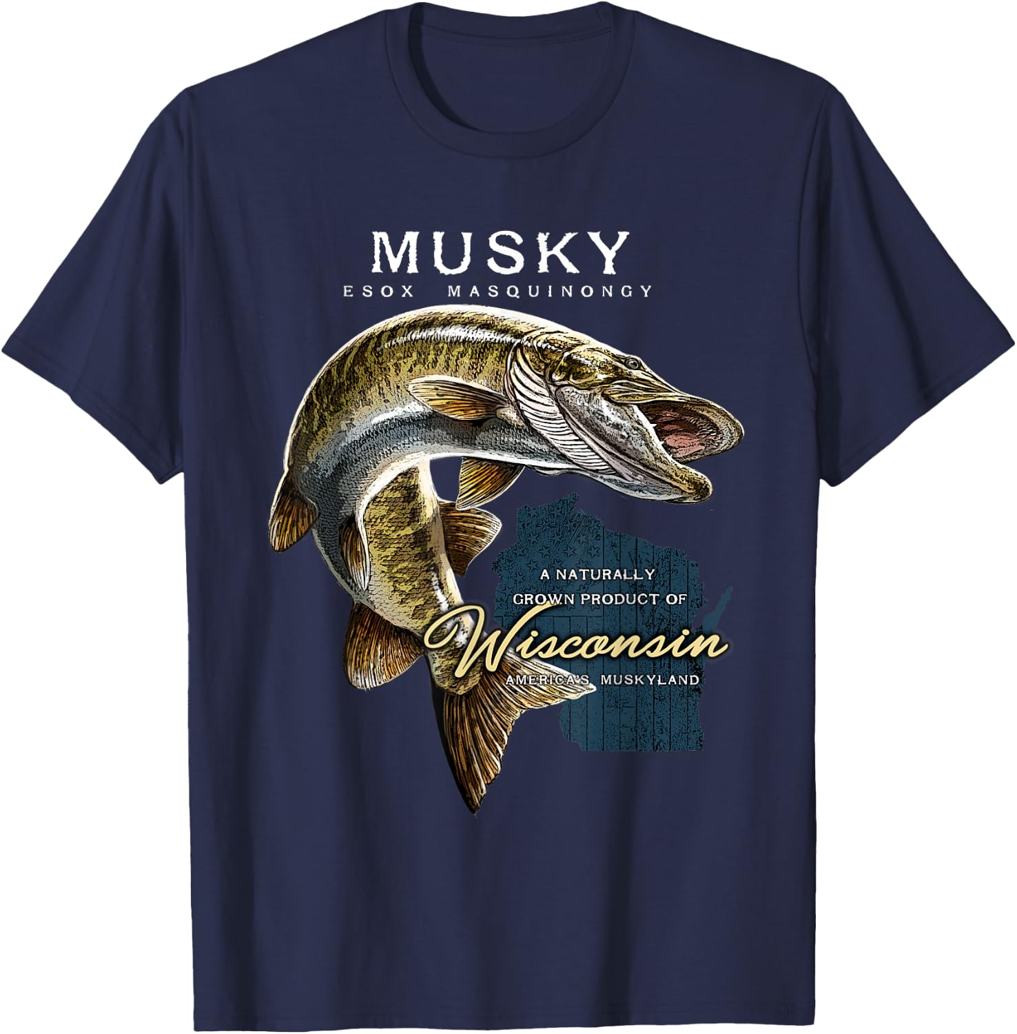 Musky Fishing Wisconsin T-Shirt - T-Shirt | Navy