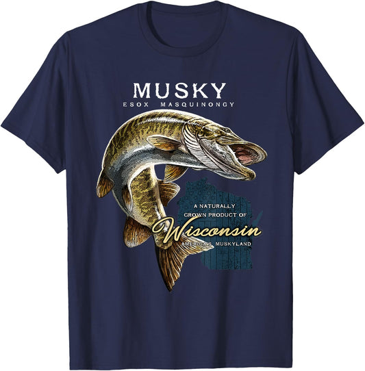 Musky Fishing Wisconsin T-Shirt - T-Shirt | Navy