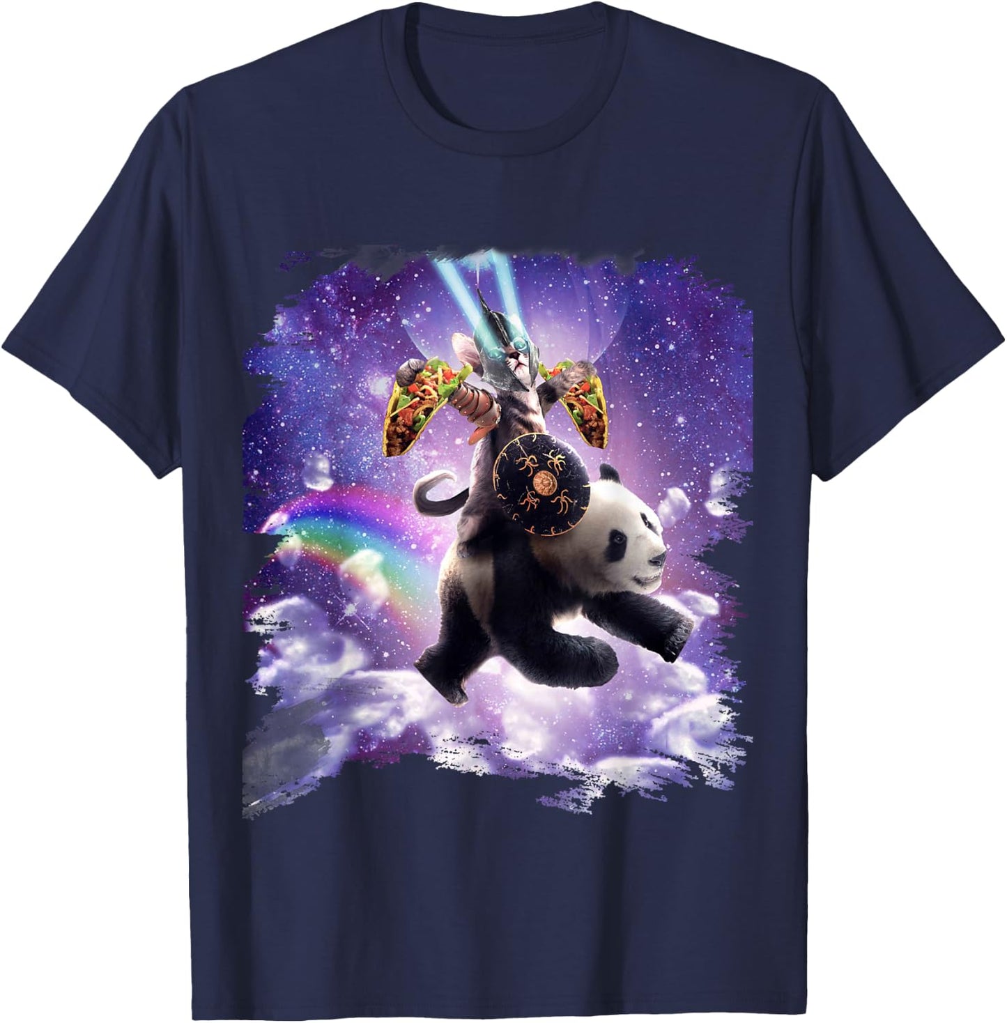 Lazer Warrior Space Cat Riding Panda With Taco T-Shirt - T-Shirt | Navy