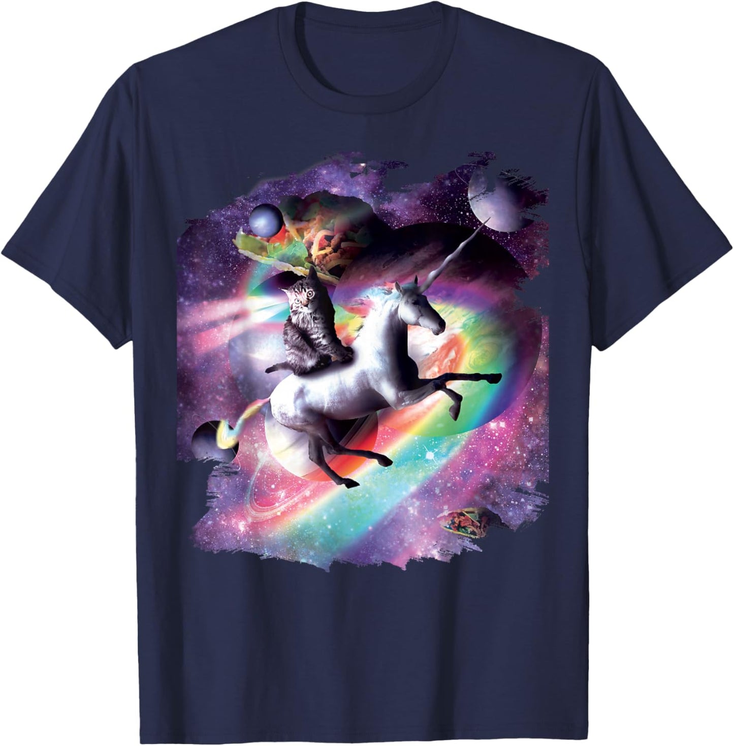 Space Cat Riding Unicorn - Laser, Tacos and Rainbow T-Shirt - T-Shirt | Navy