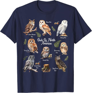 Owl Types North American Bird Of Prey Forest Bird Watcher T-Shirt - T-Shirt | Navy
