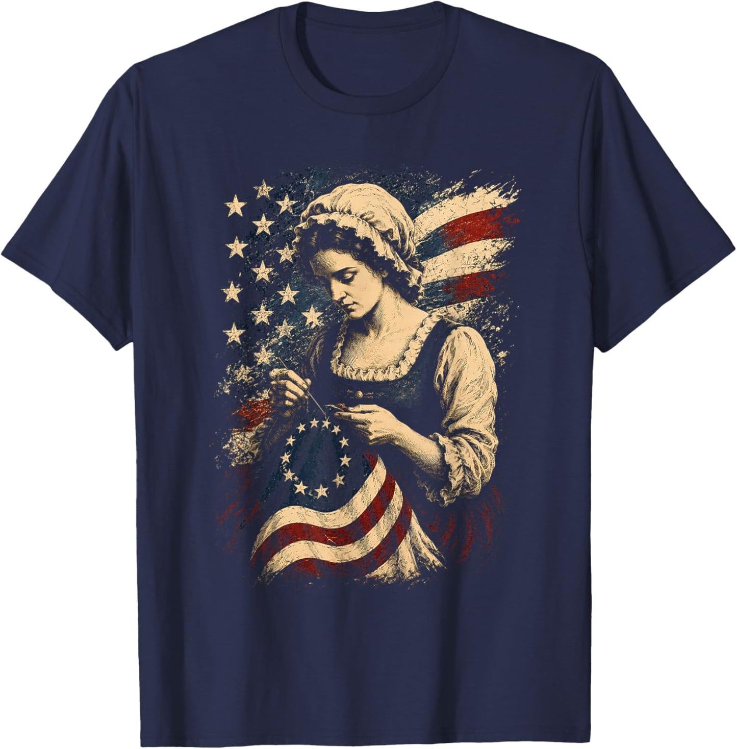 Betsy Ross Flag Funny Sewing First American Flag Design T-Shirt - T-Shirt | Navy