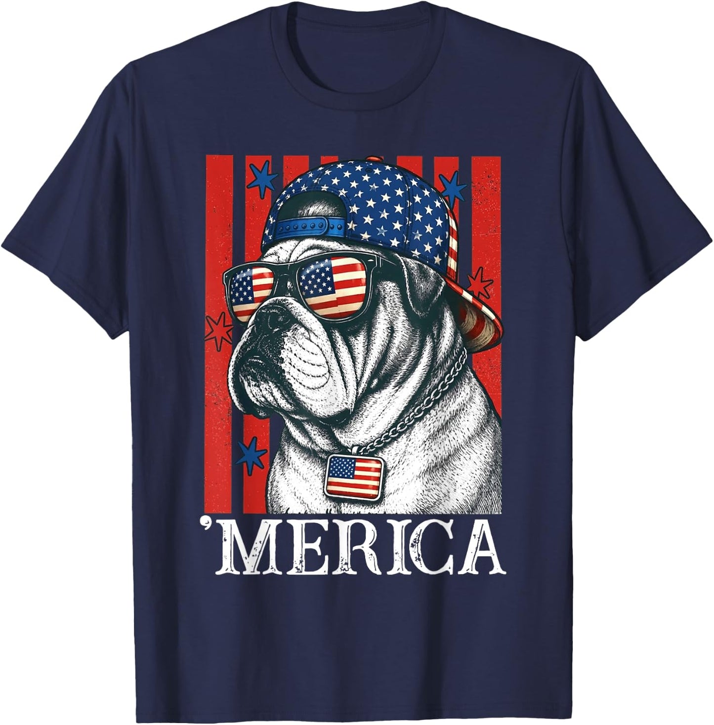 Merica Dog Patriotic English Bulldog American Flag T-Shirt - T-Shirt | Navy