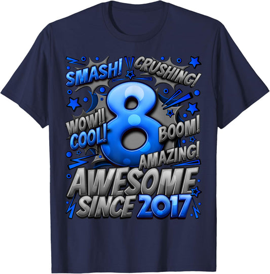 New Comic Style Birthday Gifts 2025 For Boys 8 Year Old Boy Kids Black Small Cotton 70% Polyester 30% Short Sleeve T-Shirt - T-Shirt | Navy