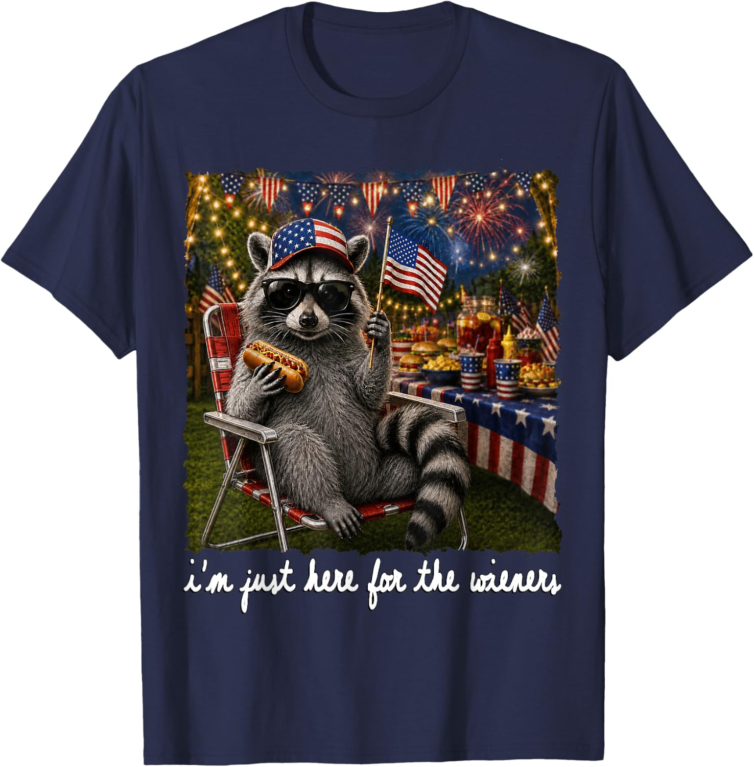 I'm Just Here for The Wieners Feral Raccoon 4th of July Kids T-Shirt - T-Shirt | Navy