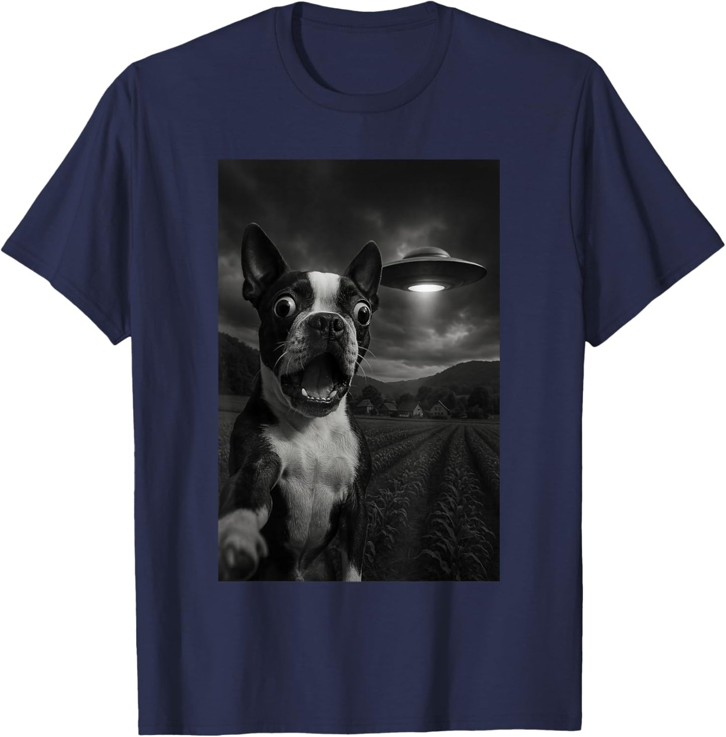 Boston Terrier UFO Encounters Selfie T-Shirt - T-Shirt | Navy