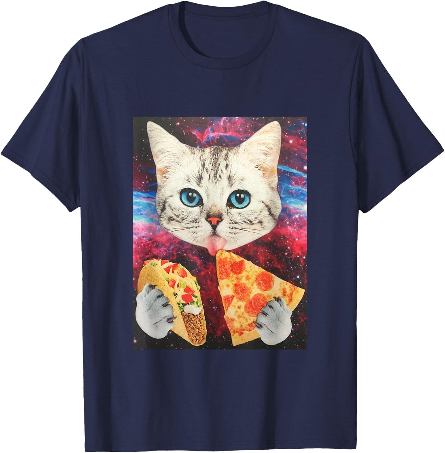Funny Cute Outer Space Galaxy Cat Meme Pizza Taco Trippy T-Shirt - T-Shirt | Navy