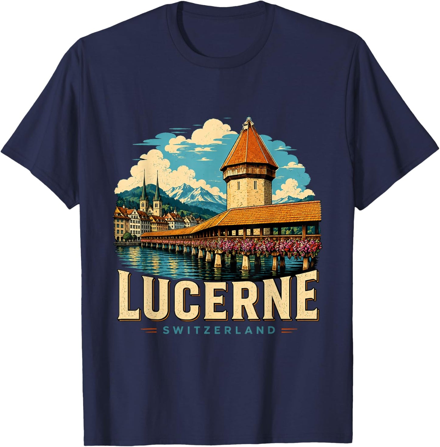 Vintage Lucerne Switzerland Travel Souvenir Landmark Gift T-Shirt - T-Shirt | Navy