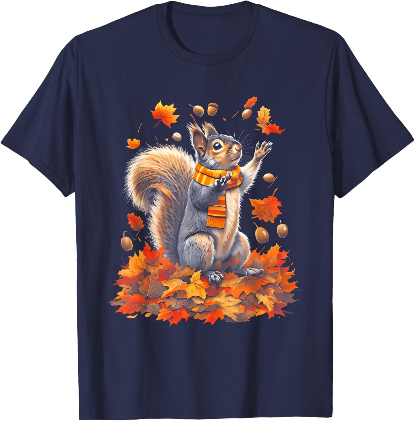 Cute Squirrel with Fall Leaves Autumn Animal Thanksgiving T-Shirt - T-Shirt | Navy